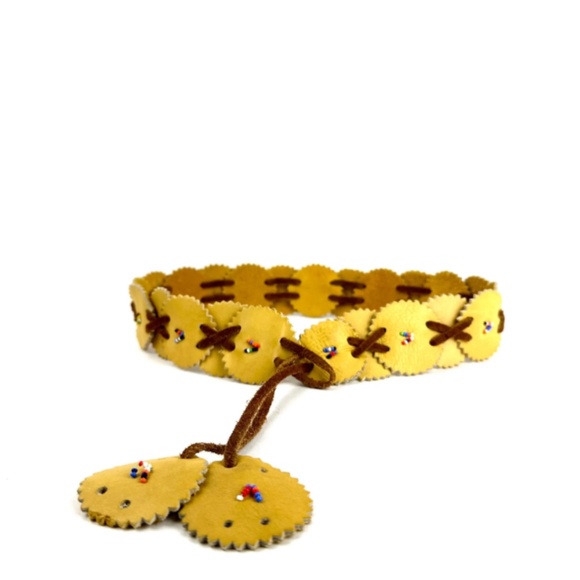 Vintage Western Deerskin Light Brown Beaded Embellished Soft Leather Belt - Picture 5 of 10